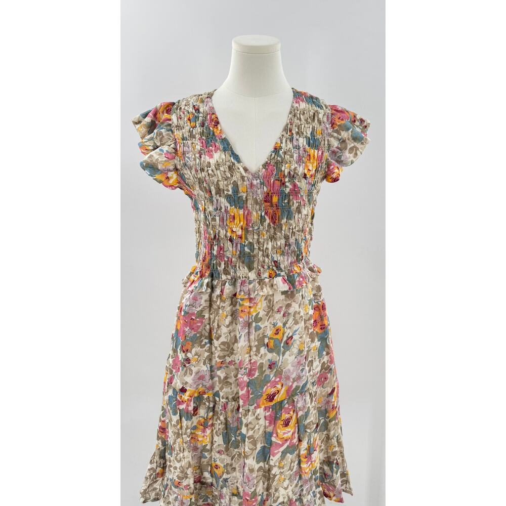 Sea New York Ines Beige Vintage Floral Linen Flutter Sleeve Dress Cottagecore 6